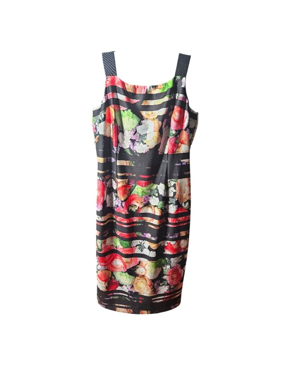 Adrianna Papell Floral Print Midi Dress With Black Stripes & Back Zipper